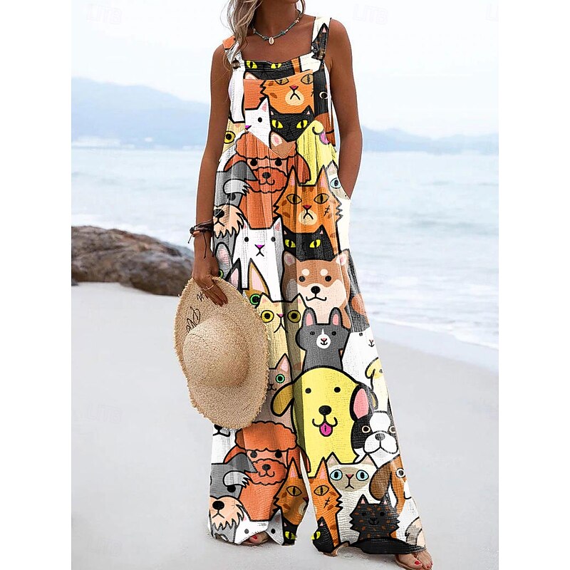 Women's Dungarees Active Graphic Sleeveless Wide Leg Vacation Street Loose Fit Black White Orange Summer3