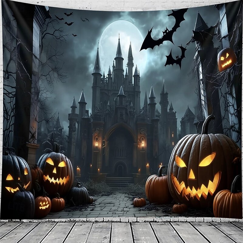 Halloween Gothic Castle Wall Tapestry – Spooky Night Scene with Pumpkins and Bats, Horror Haunted Castle Backdrop for 2025 HALLOWEEN Living Room, Bedroom, Party Decoration2