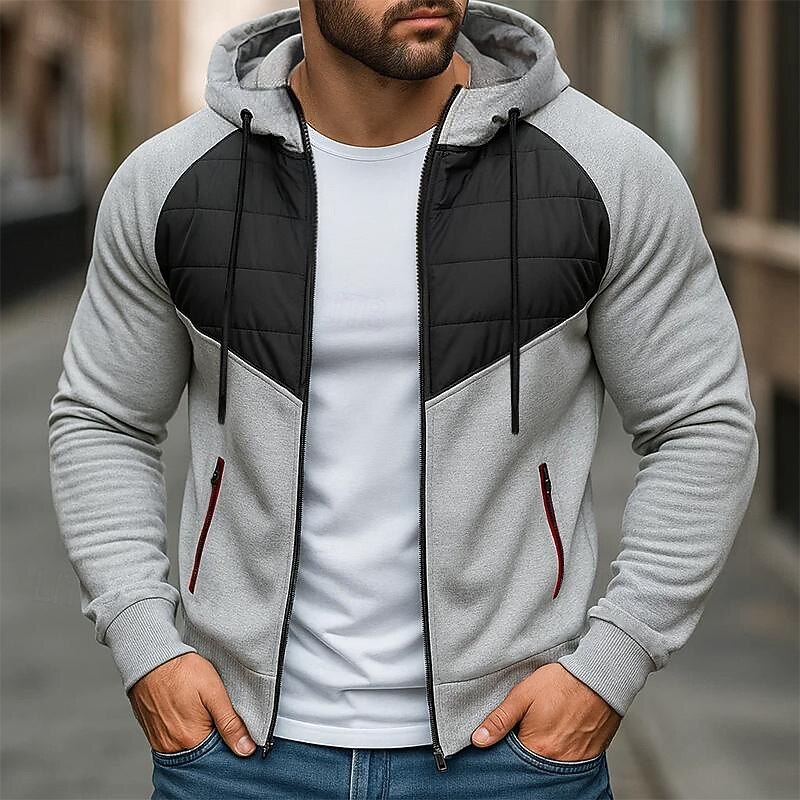 Men's Hoodie Full Zip Hoodie Black Dark Gray Gray Hooded Plain Patchwork Color Block Sports & Outdoor Casual Daily Streetwear Cool Sportswear Fall Winter Clothing Apparel Hoodies Sweatshirts