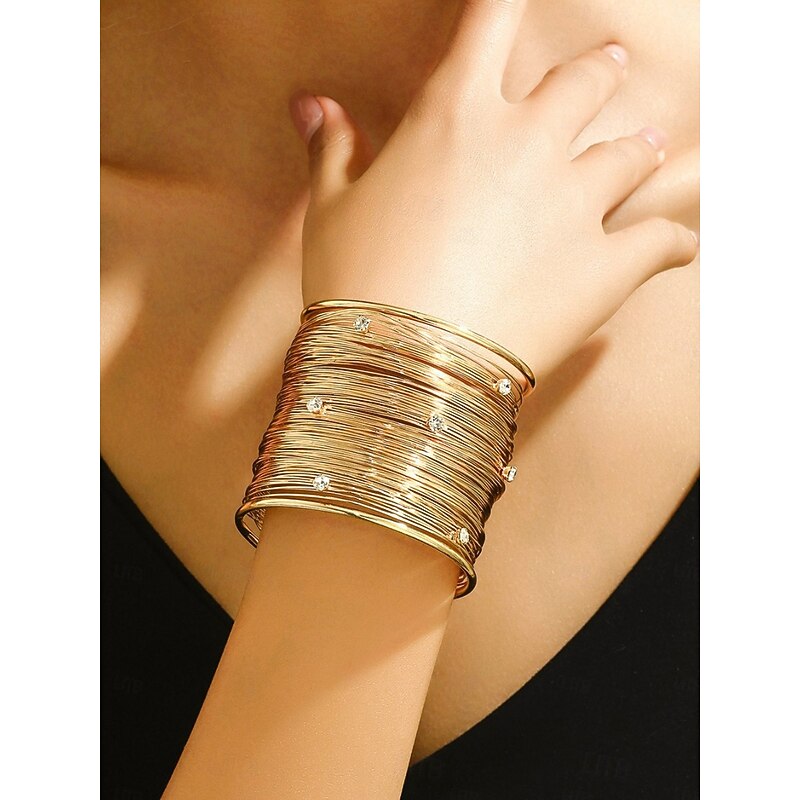 Women's Gold Layered Wire Cuff Bracelet - Rhinestone Studded Statement Bangle for Evening Parties and Cocktail Events