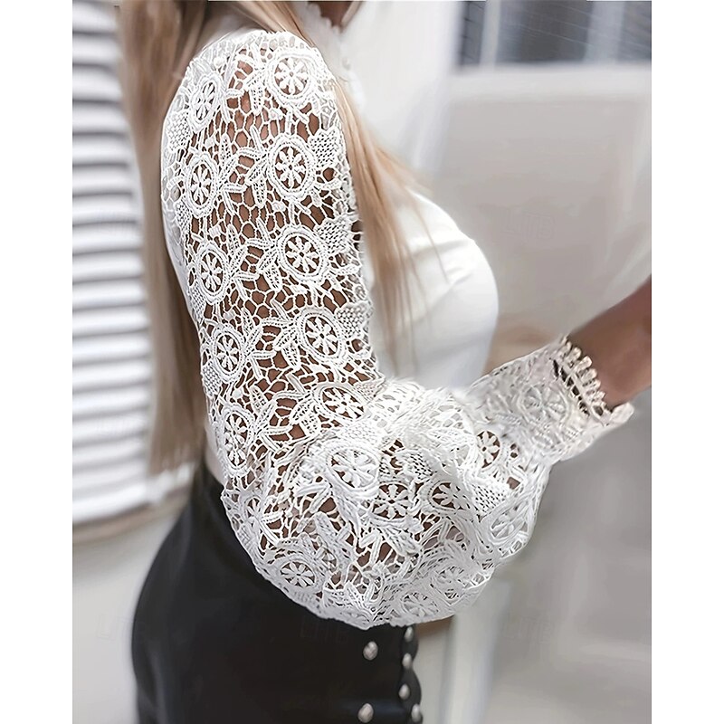 Women's Shirt Summer Tops Lace Tops Plain Daily Stylish Basic Long Sleeve Crew Neck Regular Tops Work Daily Holiday Buttons Lace Trim White Spring Fall2