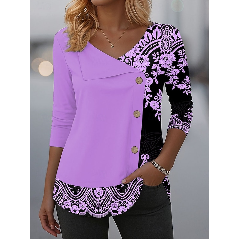 Women's Blouse Tunic V Neck Long Sleeve Buttons Graphic Tribal Elegant Fashion Casual Crew Neck Regular Tops Daily Patchwork Print Black Pink Blue Purple Green Spring Fall Winter Prefall4