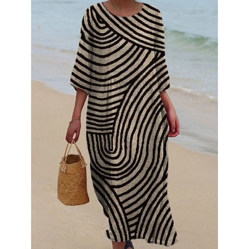 Women's Midi Dress Casual Dress Print Dress Fashion Modern Daily Beach Weekend Regular Fit Line 3/4 Length Sleeve Crew Neck Red Blue Purple Green Spring Fall