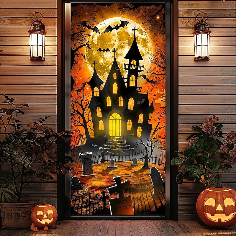 Halloween Door Cover – Haunted Castle with Glowing Windows, Spooky Night Sky Entrance Banner, Outdoor 2025 Halloween Decoration for Bedroom, Living Room, Bathroom