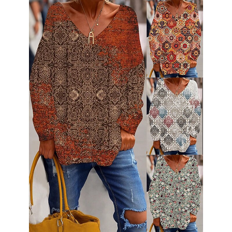Women's Blouse Floral Bohemia Vintage Long Sleeve V Neck Regular Tops Daily Holiday Print White Wine Red Green Summer Spring Fall