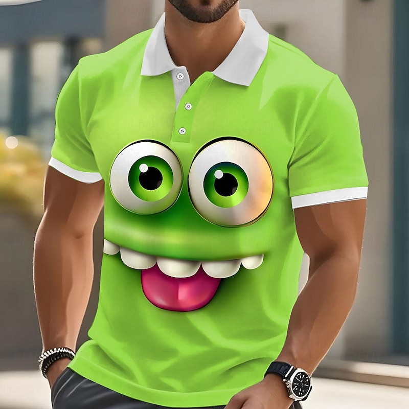Men's Cartoon Funny Smile Face Polo Short Sleeve Polo Shirts Lapel Ugly Casual Resort Outdoor Street Gift Athleisure 3D Print Buttons Summer Black Blue Purple