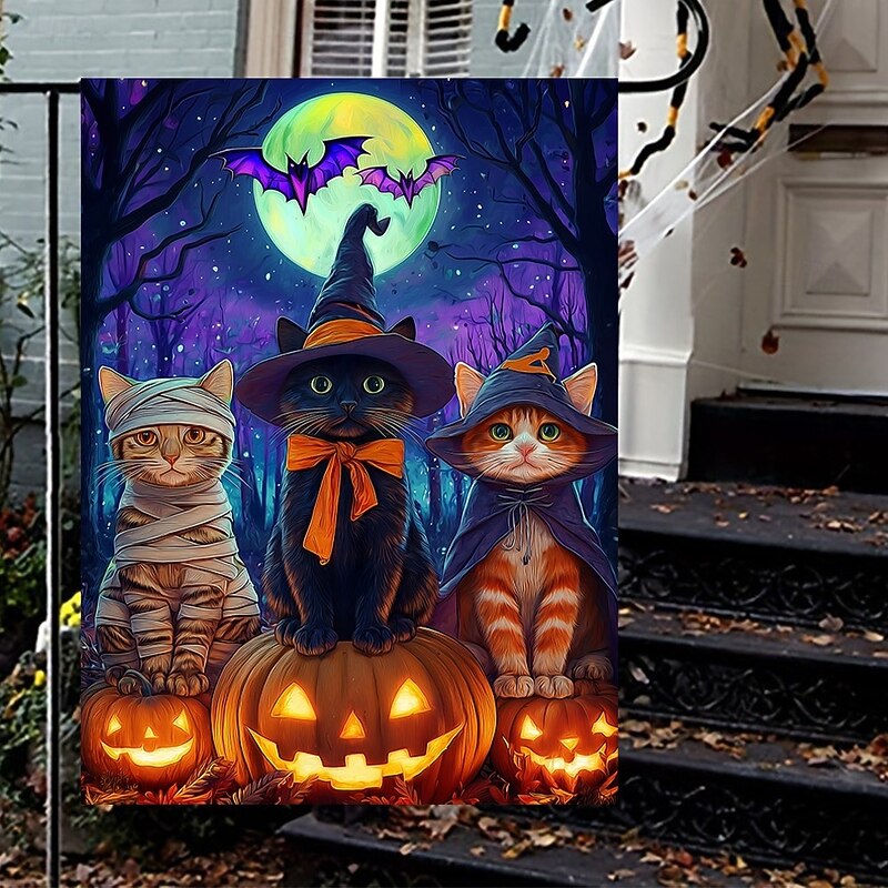 Halloween Garden Flag Banner – Three Costumed Cats under Moonlight, Double-Sided Weather-Resistant Yard Flag for 2025 Halloween Holiday Outdoor Lawn, Porch Decoration4