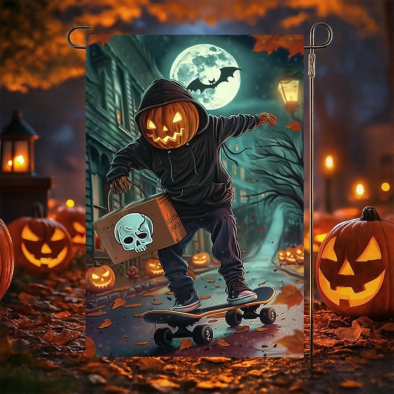 Halloween Garden Flag Banner – Skateboarding Pumpkin Boy under Moonlight, Double-Sided Weather-Resistant Yard Flag for 2025 Halloween Holiday Outdoor Lawn, Porch Decoration