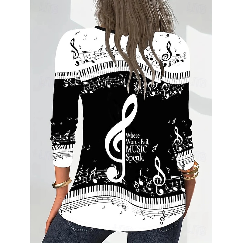 Music Festival Women's T shirt Long Sleeve V Neck Long Sleeve Tunic Graphic Music Vintage Stylish Classic Regular Tops Daily Going out Weekend Print Black and White Black White Spring Fall Prefall2
