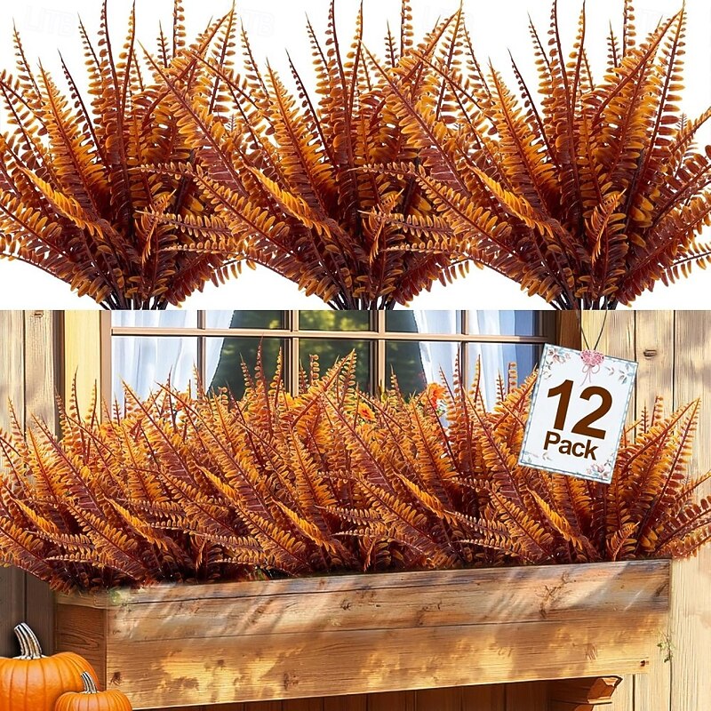 12 Bundles Artificial Fall Flowers, UV Resistant Faux Boston Fern and Mum Bushes for Indoor Outdoor Autumn Decor, Plastic Greenery Plants for Kitchen, Home, Garden, or Thanksgiving Decoration