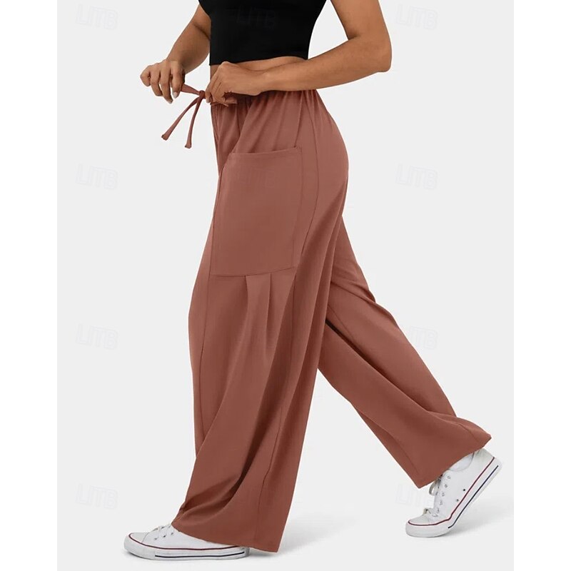 Women's Wide Leg Slacks Streetwear Casual Full Length Natural Plain Pocket Elastic Drawstring Design Comfy Street Holiday claret Black Army Green Light Brown Fall Regular Fit2