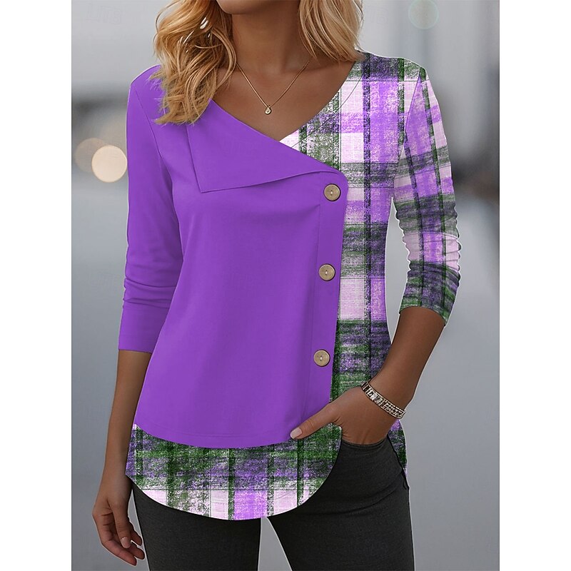 Women's Blouse Tunic V Neck Long Sleeve Buttons Graphic Geometric Plaid Vintage Fashion Stylish Crew Neck Regular Tops Daily Patchwork Print Blue Purple Orange Green Spring Fall Winter3
