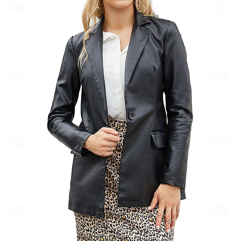 Women's Faux Leather Jacket Comfortable Buttons Fashion Modern Plain Work Daily Regular Turndown Regular Fit Long Sleeve Outerwear Black Red Camel Spring Fall2