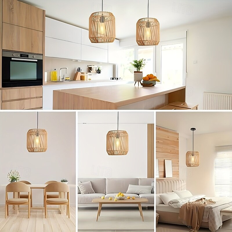 Rattan Pendant Light - Boho Lamp Hanging Diameter 26 cm Vintage Ceiling Light Rattan E27 Pendant Light Braided for Dining Table Kitchen Living Room Bedroom Hallway4