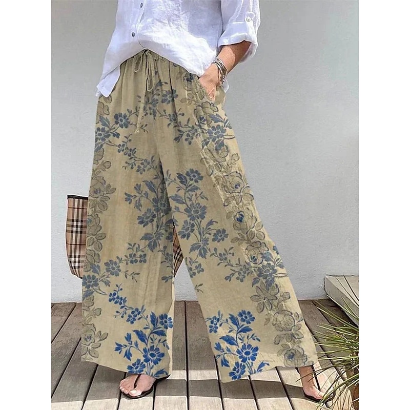 Women's Culottes Wide Leg Vacation Vintage Ethnic Style Full Length High Waist Floral Graphic Quick Dry Breathability Soft Inelastic Outdoor Vacation Sport Yellow Red Khaki Coffee Summer Spring2
