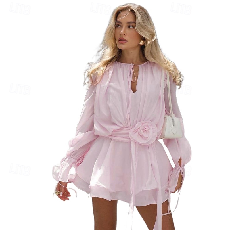 Women's Mini Dress Ruffle Dress Vacation Birthday Cocktail Flare Cuff Sleeve Party Birthday Daily Regular Fit Plain Long Sleeve Crew Neck White Pink Summer Spring Fall3