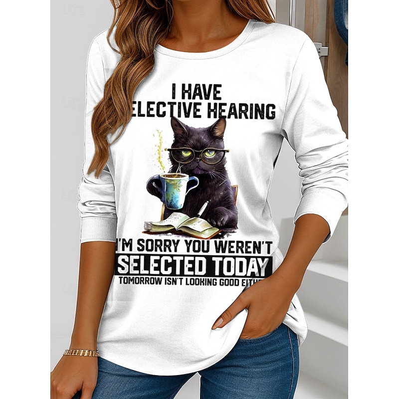 Women's T shirt Crew Neck Long Sleeve Tunic Graphic Cat Letter Vintage Stylish Classic  Round Neck Regular Tops Daily Weekend Print White / Black Black White Pink Green Spring Fall