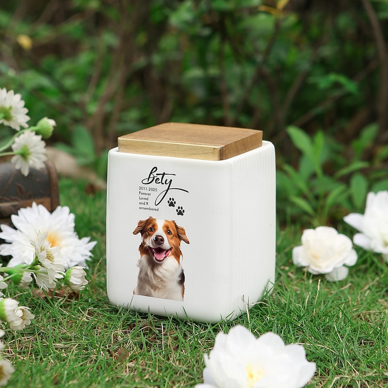 Personalized Pet Cremation Urn, Custom Memorial Gift Name Year Text Photo Ceramic Ashes Box for Dog Cat Memorial Keepsake