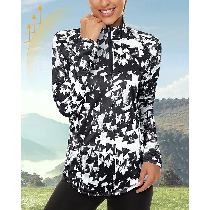 Women's Geometric Golf Polo Shirt Tennis Shirt Long Sleeve Print Quarter Zip Pullover UV Protection Elastic Breathable Tennis Golf Pickleball Zip Collar Shirt Polo Black Purple Tennis Clothing2
