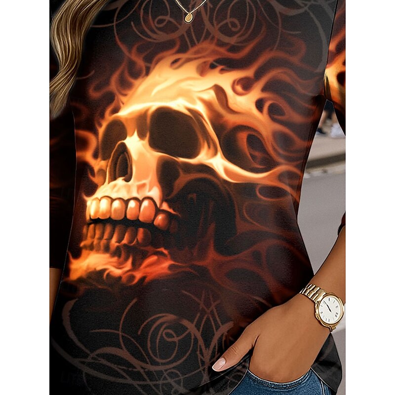 Fire  By Tom Wood Halloween Women's T Shirt Skulls Crew Neck Long Sleeve Tunic Graphic  Vintage Stylish Classic  Round Neck Regular Tops Daily Print Black Fall3
