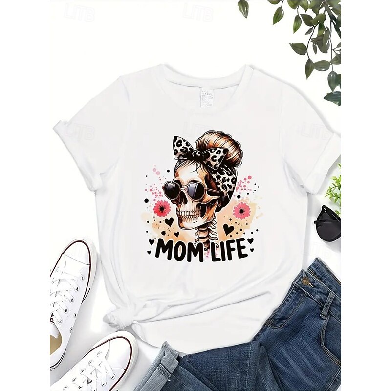 Halloween Women's T Shirt Skulls Cotton Shirt Flag Vintage Stylish Classic Short Sleeve Crew Neck Round Neck Regular Tops Daily Print Black White Summer Spring3