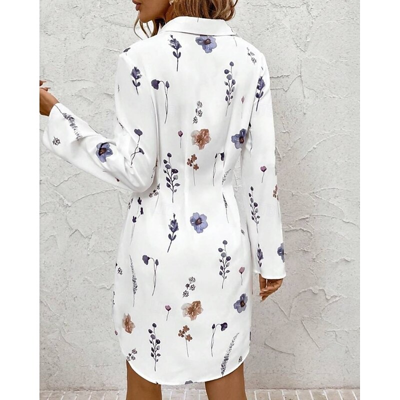 Women's Mini Dress Shirt Dress Print Dress Elegant Daily Fall Dress Regular Fit Floral Long Sleeve Shirt Collar Black White Pink Purple Fall2