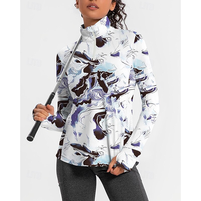 Women's Abstract Art Golf Polo Shirt Tennis Shirt Long Sleeve Print Quarter Zip Pullover UV Protection Elastic Breathable Tennis Golf Pickleball Zip Collar Shirt Polo White Purple Tennis Clothing4