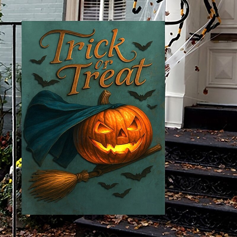 Halloween Garden Flag Banner – "Trick or Treat" Pumpkin with Witch's Broom, Double-Sided Weather-Resistant Yard Flag for 2025 Halloween Holiday Outdoor Lawn, Porch Decoration2