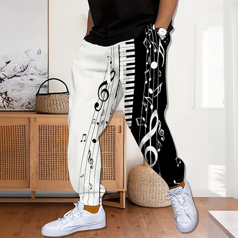 Men's Piano Musical Notes Sweatpants Joggers Trousers Mid Waist Drawstring Elastic Waist Vintage Retro Jogging Streetwear Workout Athletic Sweatpants with Pockets Spring Fall 3D Print White Gray