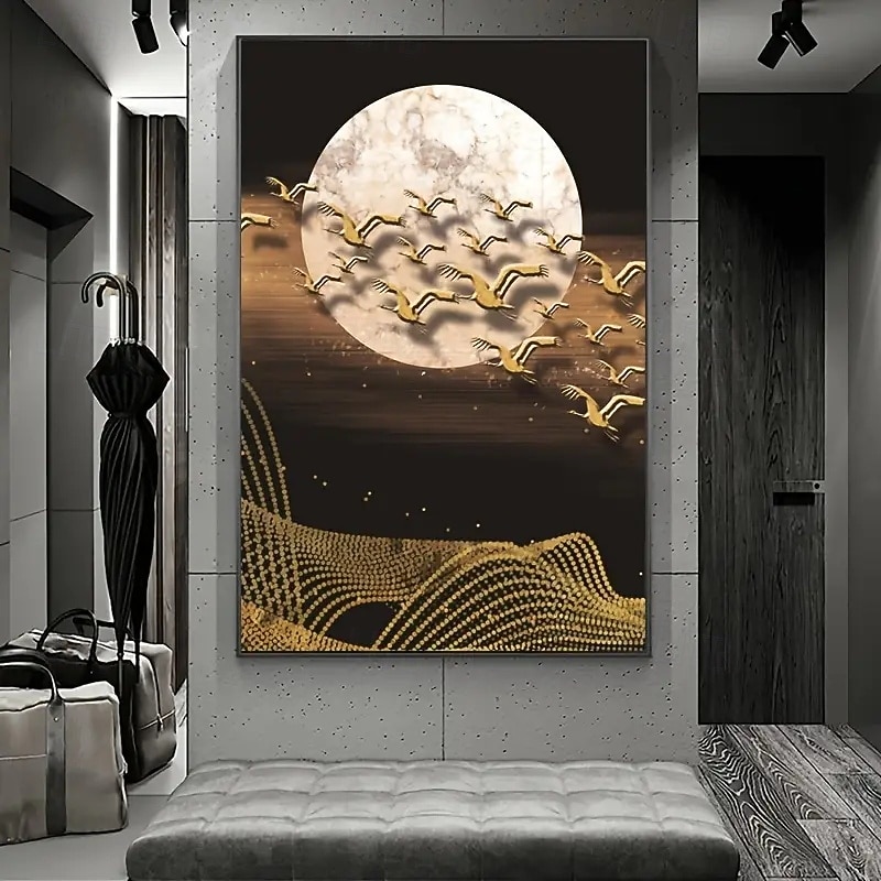 A Frameless Golden Goose And Moon Abstract Canvas Wall Art Modern Decorative Poster Suitable For Bedroom Living Room And Classroom Decoration