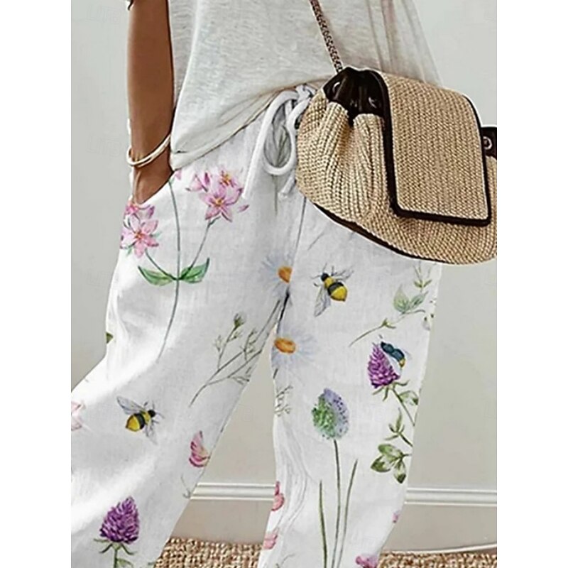 Women's Chinos Pants Trousers Active Casual Daily Long High Waist Floral Pocket Printing Elastic Drawstring Design Breathability Soft Micro-elastic Vacation Street Daily Wear White Spring Fall2