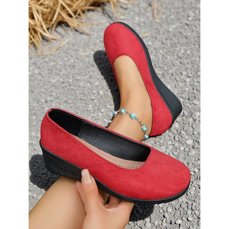 Women's Red Low Wedge Slip-On Shoes – Lightweight Comfort Shoes for Patio Parties, Garden Gatherings and Everyday Style