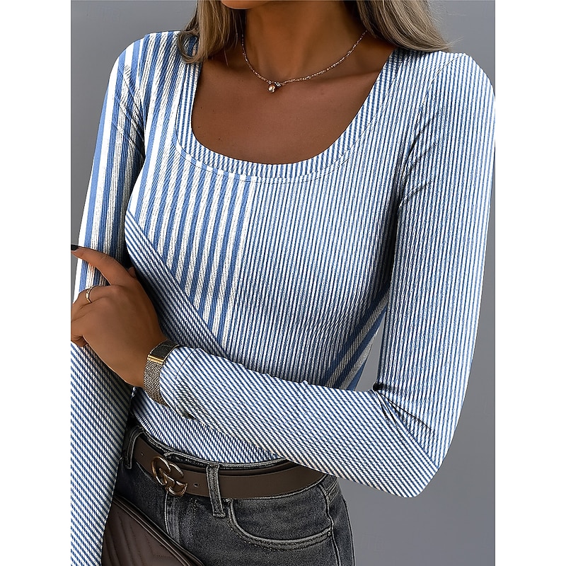 Women's T Shirt Ribbed Graphic Square Neck Long Sleeve Casual Geometric Abstract Vintage Stylish Regular Tops Daily Print Yellow Pink Blue Purple Green Spring Fall - Main Image