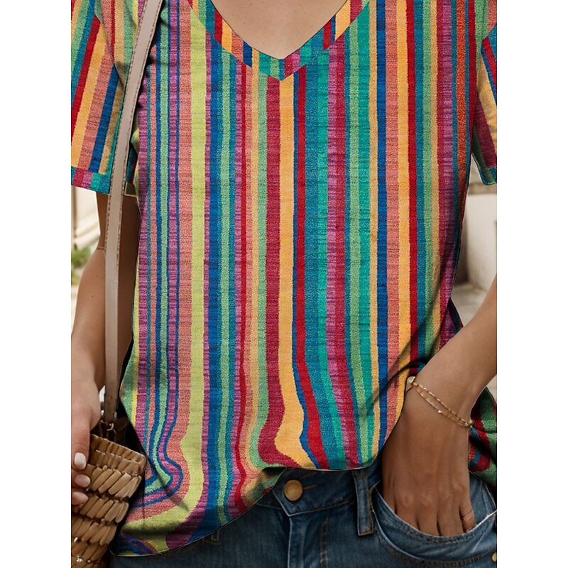 Women's T Shirt Graphic Geometric Striped Vintage Stylish Classic Short Sleeve V Neck Regular Tops Daily Print Yellow Pink Blue Purple Rainbow Summer Spring3