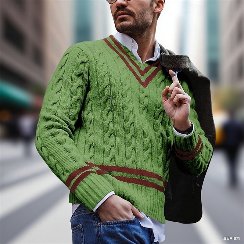 Men's Sweater Pullover Sweater Jumper Cable Knit Regular Tops Knitted Slim Fit Plain V Neck Knitwear Contemporary Casual Daily Wear Clothing Apparel Fall White Yellow M L XL4