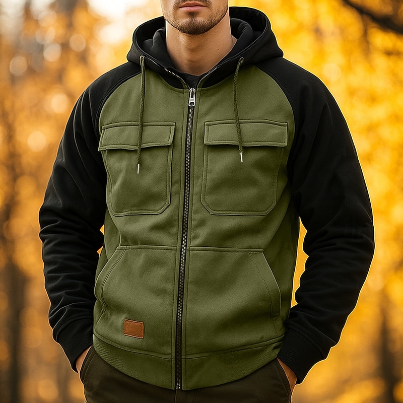 Men's Hoodie Full Zip Hoodie Tactical Hoodie Black Army Green Blue Khaki Hooded Color Block Plain Zip Up Pocket Tactical Sports & Outdoor Daily Streetwear Cool Casual Fall Winter Clothing Apparel