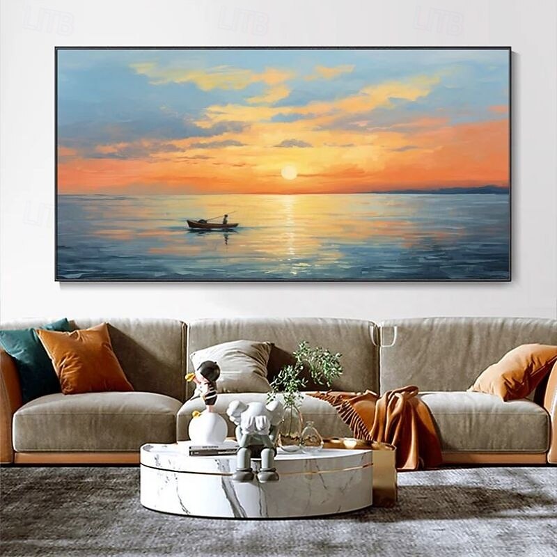 Hand-Painted Artwork Serene Sunset Seascape Canvas Oil Painting Calm Lake With Boat Abstract Sky Mural Living Room Home  Decor Housewarming Gift Rolled Frameless Unstretched Painting2