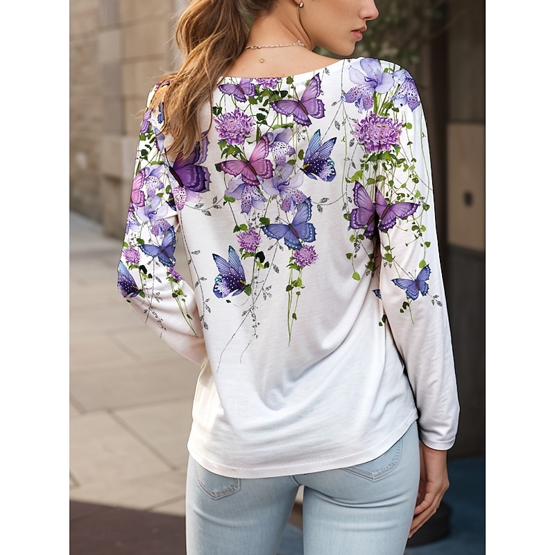 Women's T shirt Long Sleeve Crew Neck Long Sleeve Tunic Floral Graphic Butterfly Vintage Stylish Classic Round Neck Regular Tops Daily Print Black White Yellow Pink Blue Fall Prefall2