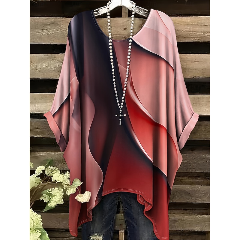 Women's Blouse Graphic Geometric Color Block Vintage Daily Casual Half Sleeve Batwing Sleeve Crew Neck Regular Tops Daily Holiday Beach Wear Asymmetric Pink Purple Orange Green Gray Summer Spring