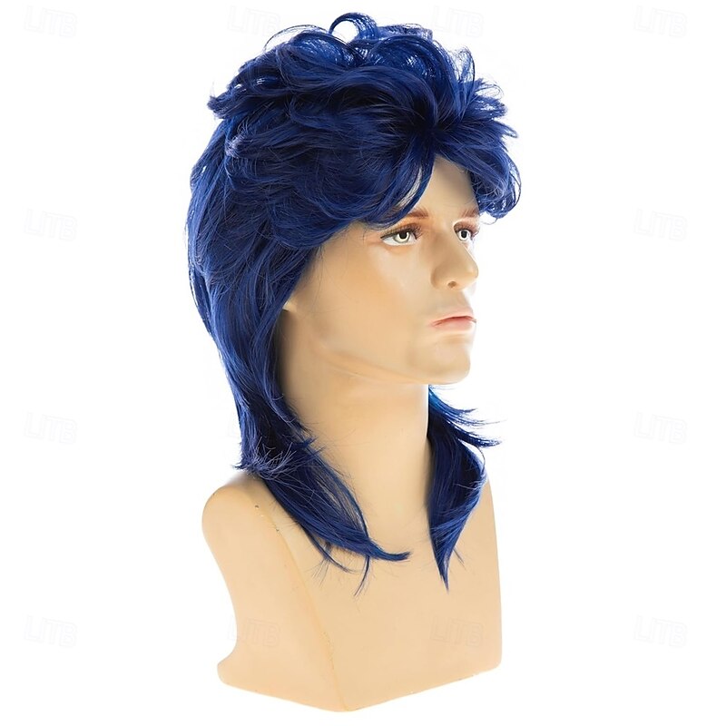 Mens Mullet Wig 70s 80s Halloween Cosplay Costume Wigs for Fancy DressBlue2