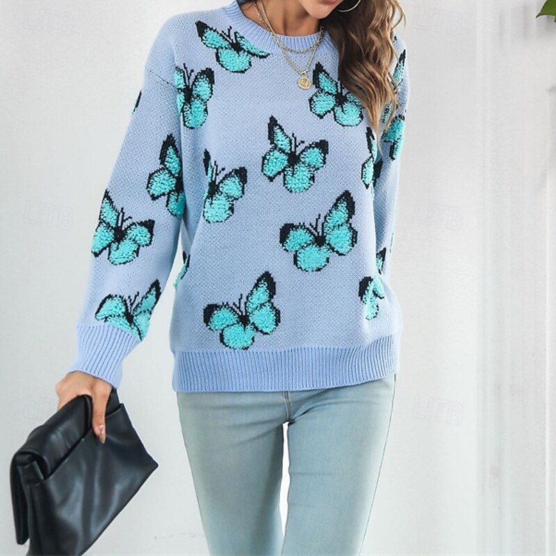 Women's Pullover Casual Butterfly Chunky Crew Neck Knitted Long Sleeve Regular Tops Knit Daily Holiday Going out Yellow Blue Fall Winter4