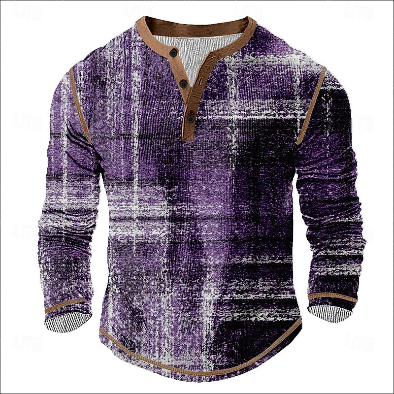 Men's Graphic Plaid Henley Shirt Tee Long Sleeve Vintage Fashion Designer Outdoor Casual Daily Spring &  Fall Brown Green Dark Blue Purple Henley Henley T-Shirt2