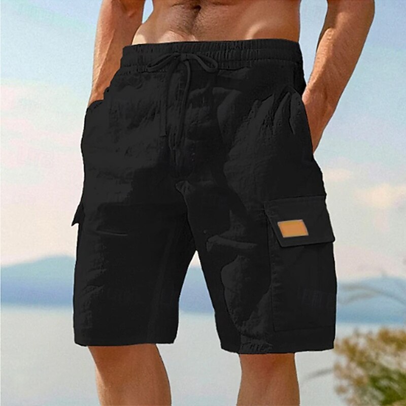 Men's Cargo Shorts Shorts Linen Shorts Summer Shorts Beach Shorts Elastic Waist Drawstring Multi Pocket Plain Knee Length Outdoor Holiday Beach Vacation Hawaiian Black White Inelastic2