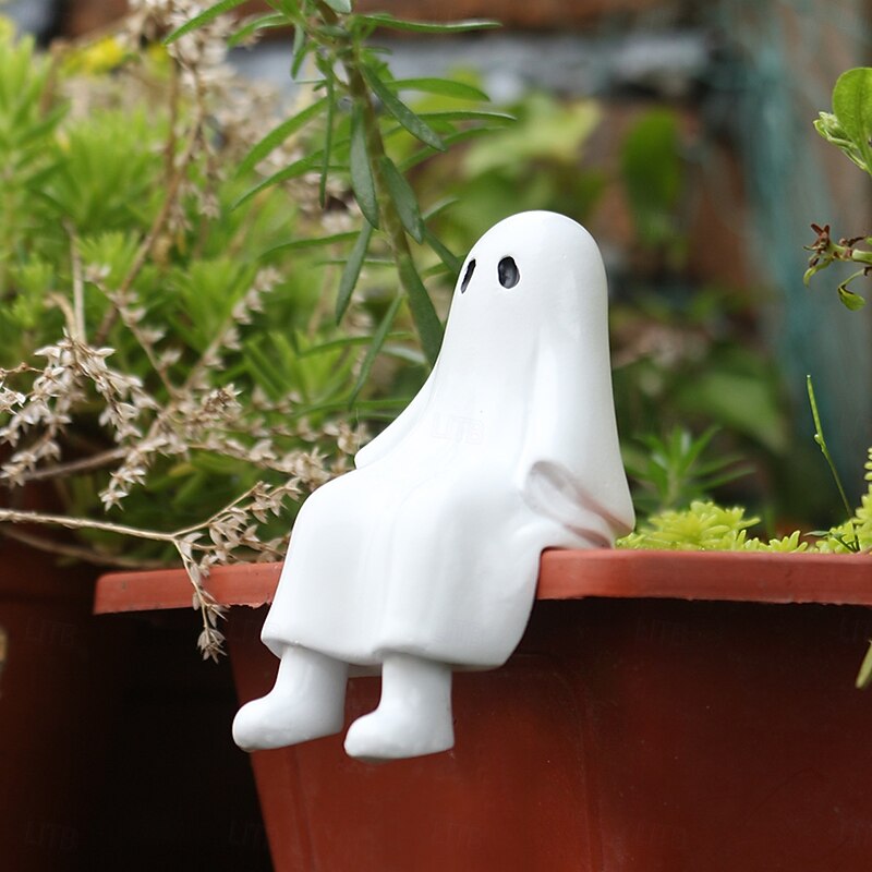 Halloween Resin Sitting Cute Ghost Decoration Figurine, Cute Spooky Decoration for Outdoor Yard, Balcony, Planter, Bookshelf, and Home Display4