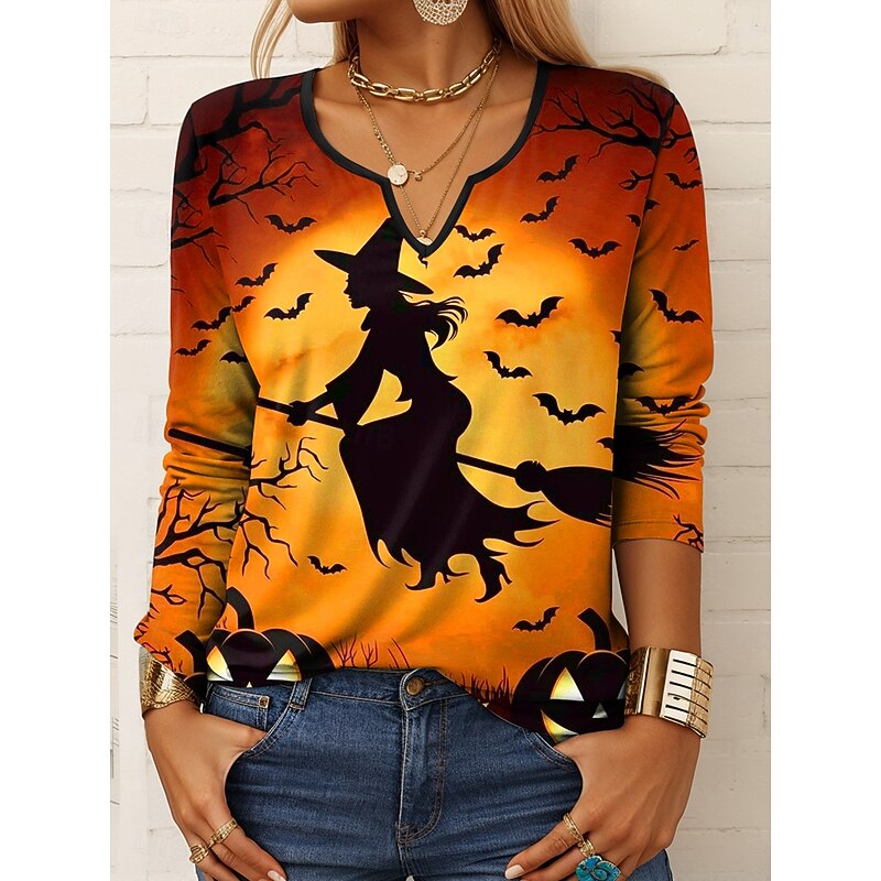 Halloween Women's T shirt Witch Long Sleeve Ombre Graphic Geometric Vintage Stylish Classic Long Sleeve Notched Neck Regular Tops Daily Print Purple Orange Green Spring Fall Prefall
