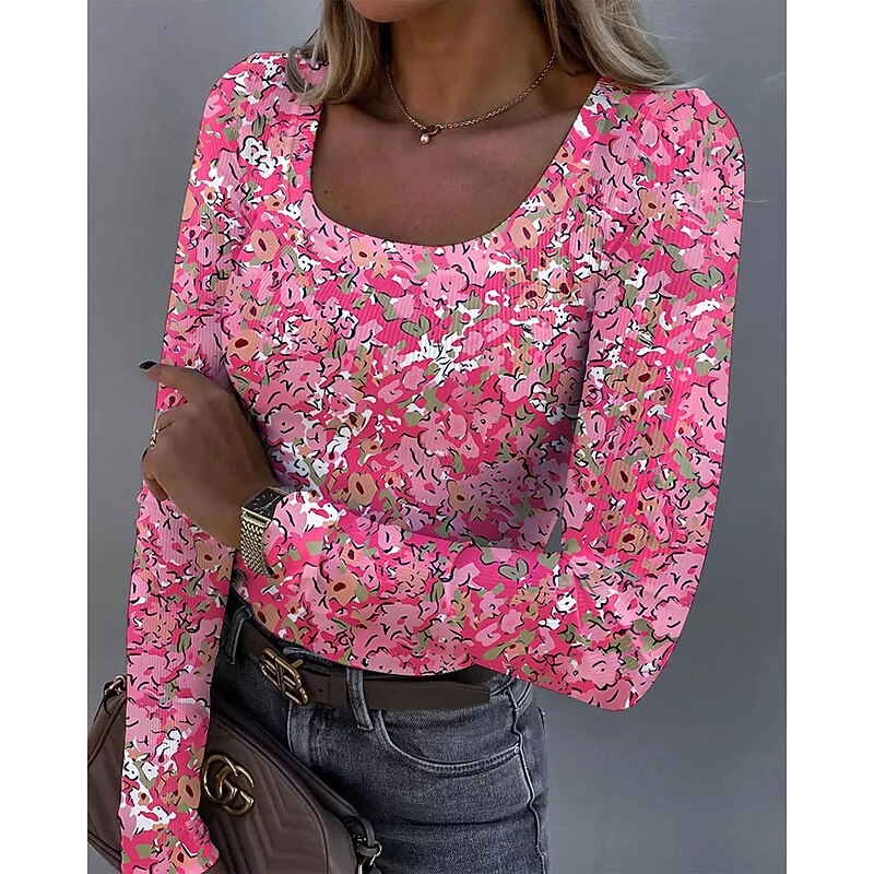 Women's T shirt Long Sleeve Ribbed Graphic Square Neck Long Sleeve Casual Tunic Floral Plants Vintage Stylish Regular Tops Daily Print White Pink Orange Green Beige Spring Fall Prefall3