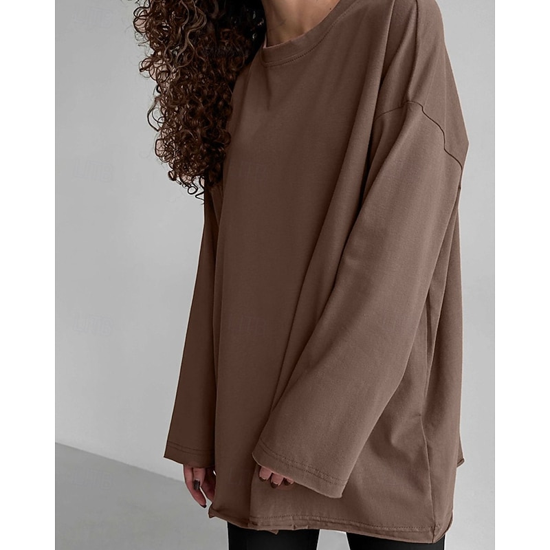 Women's Texture Blouse T Shirt Plain Fashion Modern Long Sleeve Crew Neck Regular Tops Daily Black White Brown Summer3