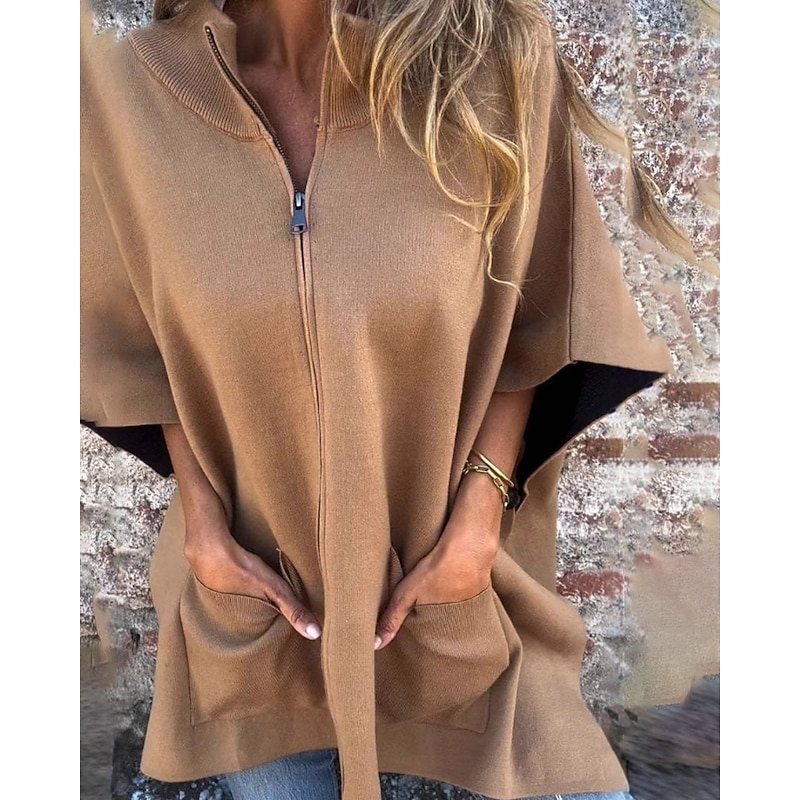 Women's Casual Jacket Comfortable Zipper Pocket Fashion Plain Street Holiday Zipper Regular Stand Collar Regular Fit 3/4 Length Sleeve Outerwear Brown Fall Winter2