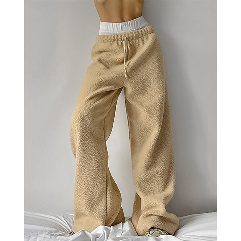 Women's Fleece Pants Pants Trousers Straight Fashion Streetwear Full Length High Waist Plain Drawstring Elastic Waist Breathability Comfortable Micro-elastic Street Daily Wear Going out White Brown2