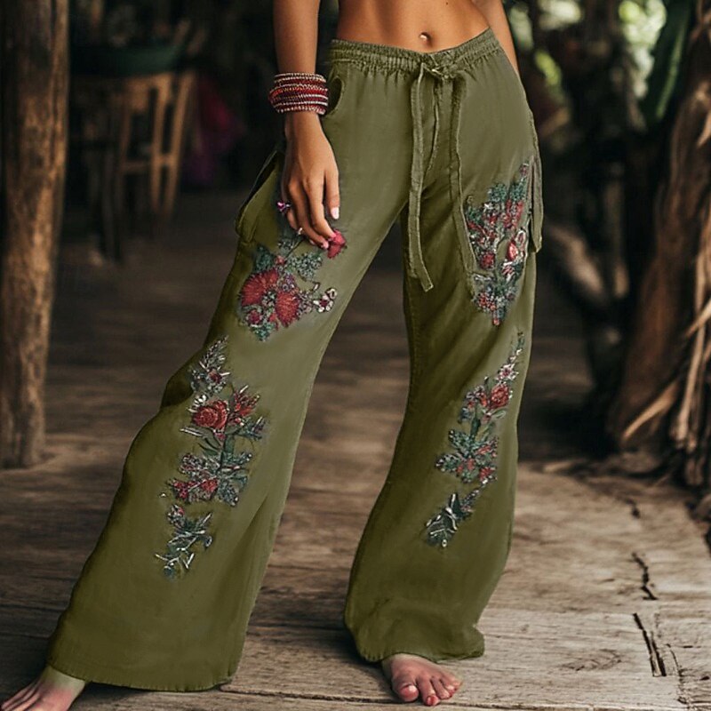 Women's Wide Leg Slacks Boho Full Length Natural Flower Pocket Printing Elastic Drawstring Design Comfy Outdoor Vacation Weekend Green Summer Regular Fit2